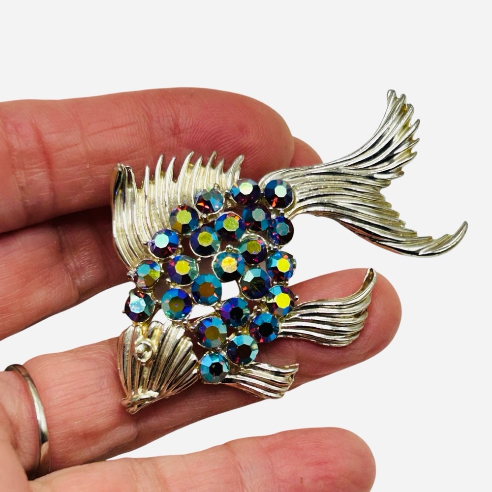 Vintage BSK Purple AB Rhinestone Fish Brooch